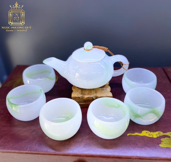 Bộ ấm trà mã não trắng xanh