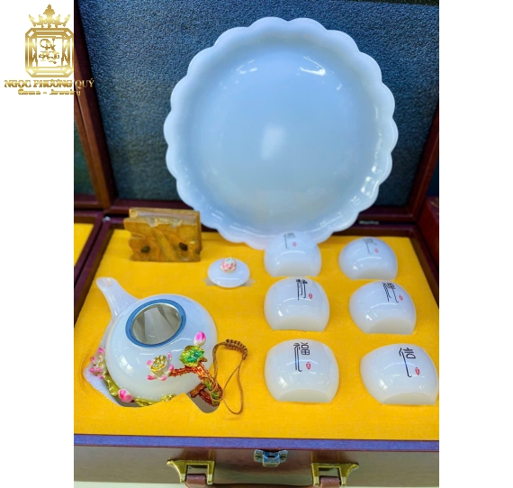Ấm Trà Mã Não Trắng Cao Cấp – Sang Trọng, Tinh Tế – Tặng Hộp Gỗ 